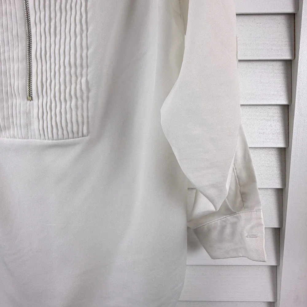 Michael‎ Kors Pleated Zip Front Blouse Womens S White Roll Tab Sleeve